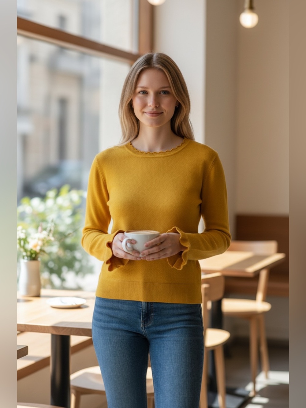 Halogen Scallop Trim Mustard Yellow Sweater | NWT